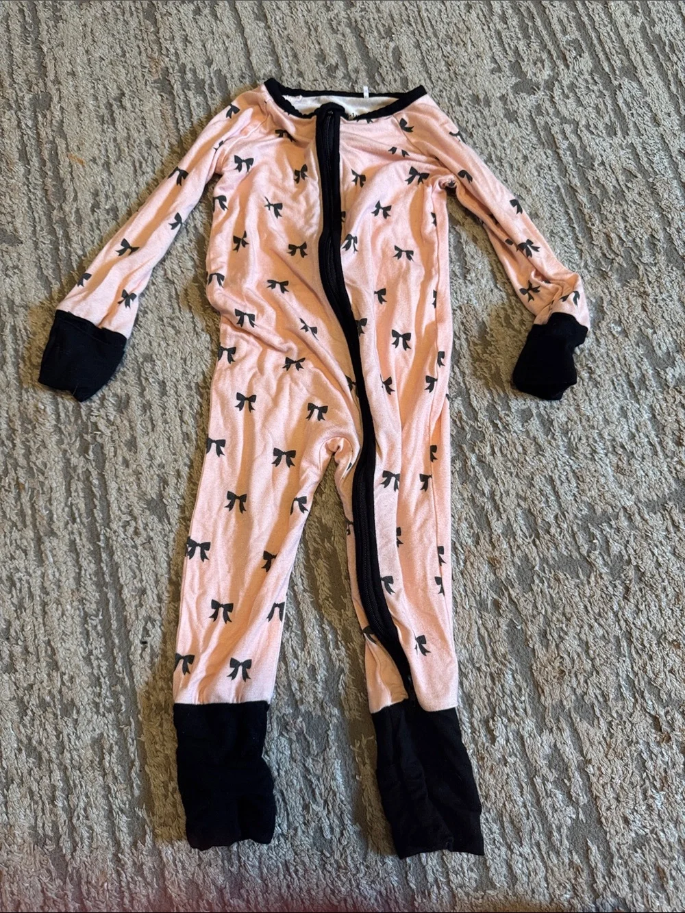 Pink Bow-Print Kids One-Piece Pajama with Black Trim 9-12 month bamboo